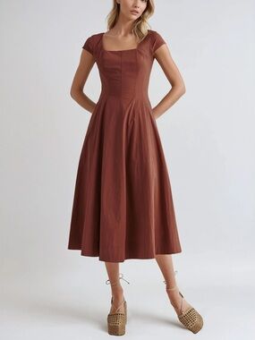 Square Neck Cap Sleeve Midi Dress
